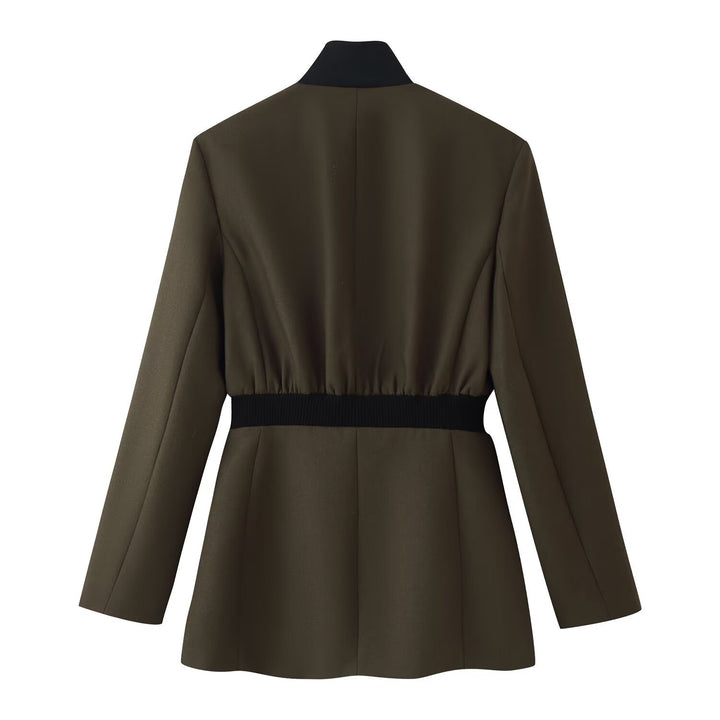 Women Tailored Transitional Blazer with Elastic Ribbed Waistband and Stand Collar Mune Fashion