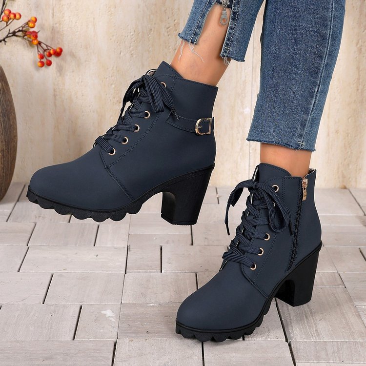 Women ankle-high lace-up ankle boots with side zipper, decorative belt loop, medium-high block heel, and strong-profiled outsole Mune Fashion