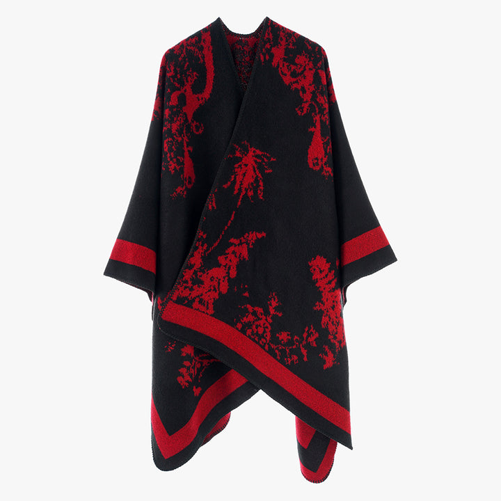 Women's Oversize Jacquard Cape made of wool blend with abstract floral pattern Mune Fashion