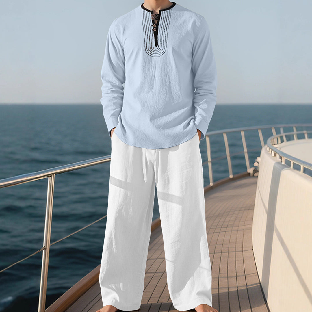 Men's tunic and Palazzo pants set with Henley placket, decorative embroidery and wide cut Mune Fashion