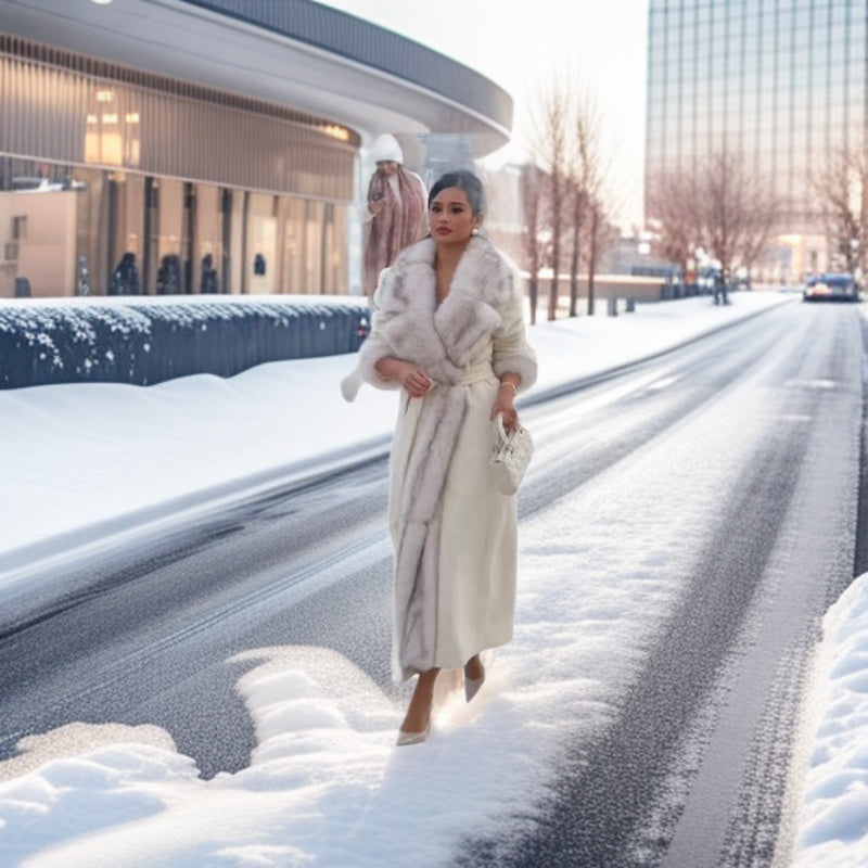 Women Tailored Maxi Coat with Faux Fur Shawl Collar and Tied Belt Mune Fashion