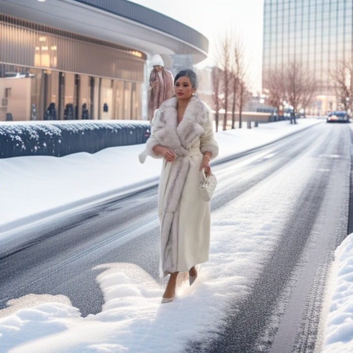 Women Tailored Maxi Coat with Faux Fur Shawl Collar and Tied Belt Mune Fashion