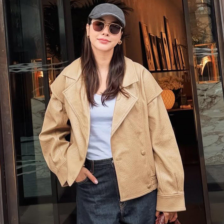 Women Oversize Faux Leather Bomber Jacket with Boxy Cut and Wide Lapel Mune Fashion
