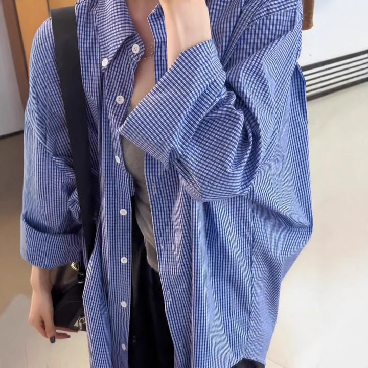 Women's Oversize Shirt with Vichy Check, Loose Fit and Continuous Button Placket Mune Fashion