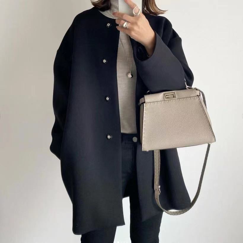 Women nan Oversized Wool Blend Coat with Pearl Buttons and Straight Cut Mune Fashion