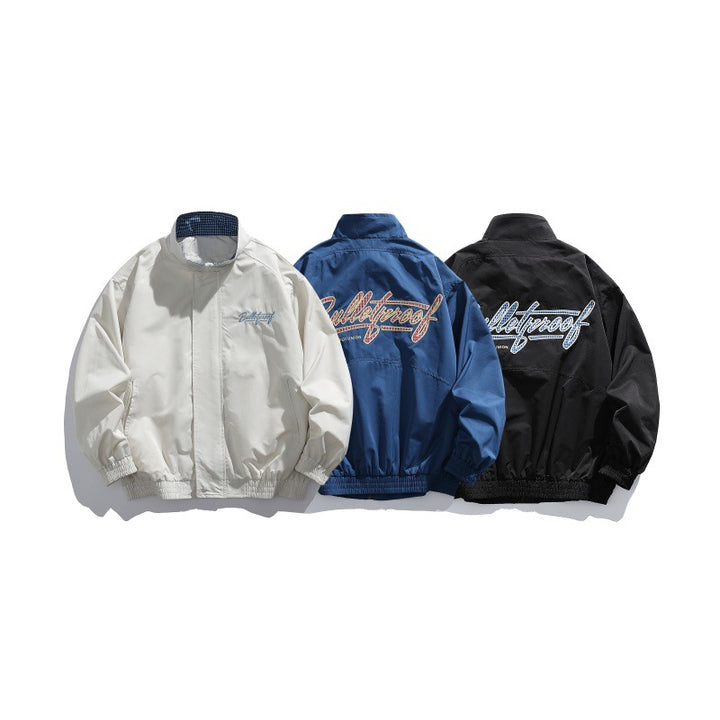 Unisex Lightweight Boxy Blouson Jacket with Stand-up Collar, Elastic Cuffs and Embroidered Chest Detail Mune Fashion