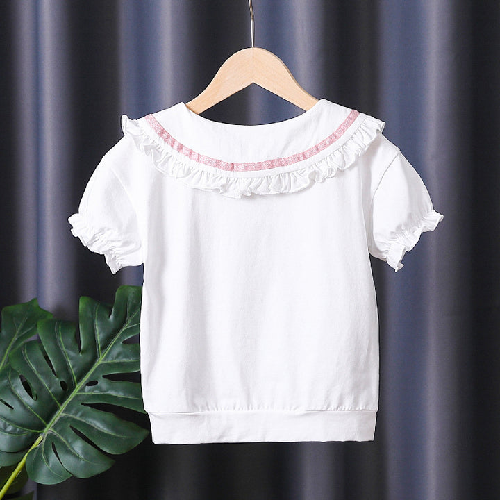 Girls T-shirt with ruffled collar and bow accents Mune Fashion