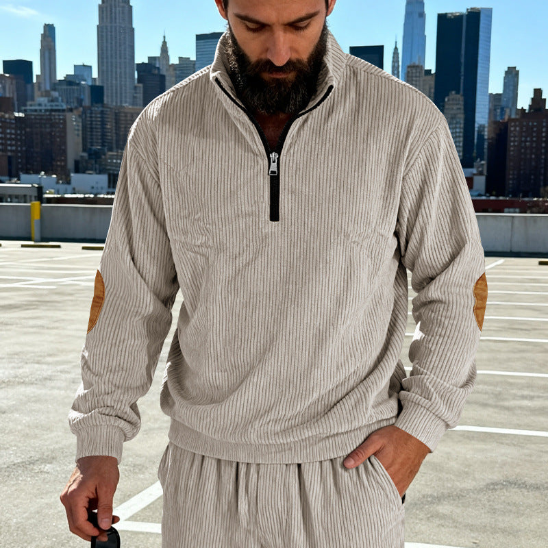 Men's cord structure half-zip pullover in relaxed fit with stand-up collar and elbow patch Mune Fashion