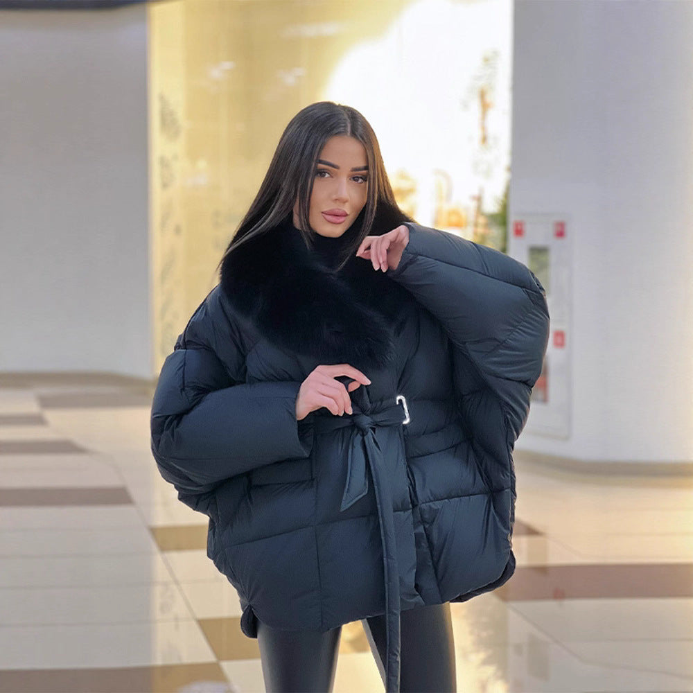 Women's Oversized Puffer Jacket with Waist Belt and Faux Fur Collar Mune Fashion