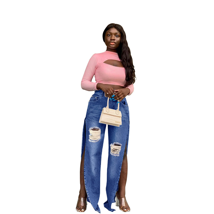 Ladies High-Waisted Wide-Leg Jeans with Knee Rips and Side Slits Mune Fashion