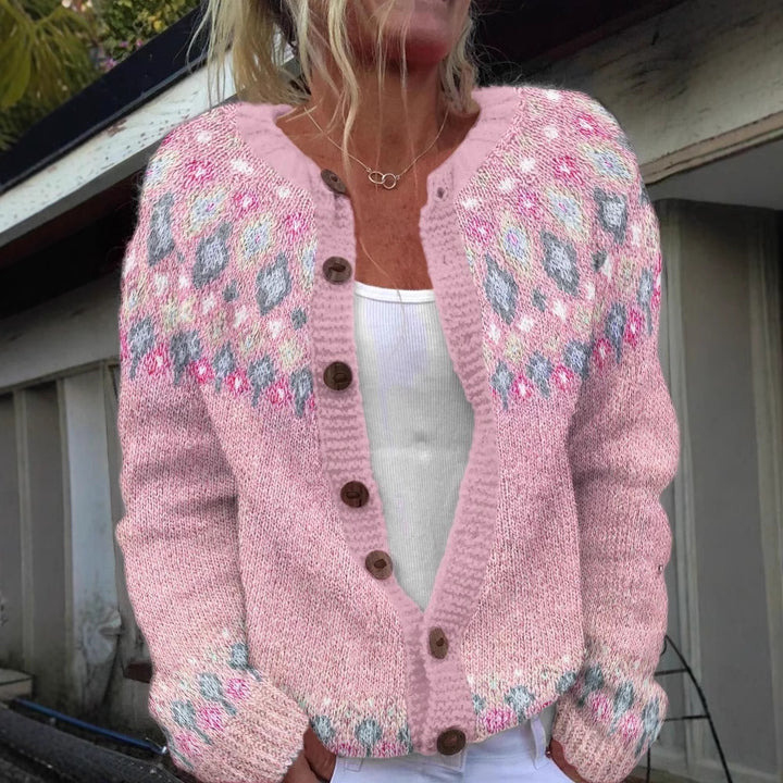 Women's patterned cardigan with round yoke, wooden buttons, and welt pockets Mune Fashion