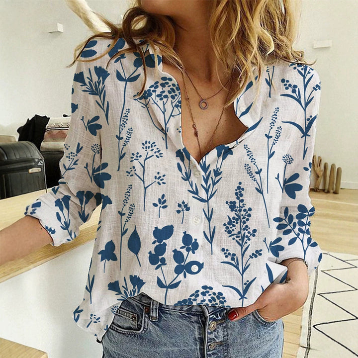 Women's loose linen-look blouse with V-neck botanical allover print and three-quarter sleeves Mune Fashion