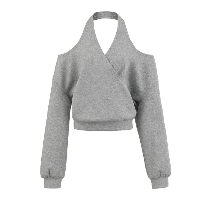 Women's Cropped Sweatshirt with Halter Neck, Cold-Shoulder and Wrap Look Mune Fashion