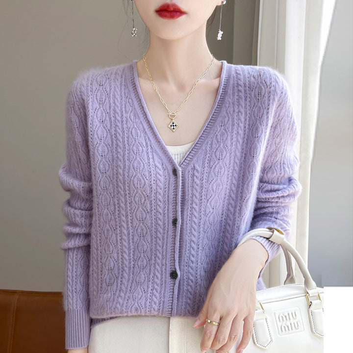Women's Short Cable Knit Cardigan in Mohair Look with V-Neck and Ribbed Cuffs Mune Fashion