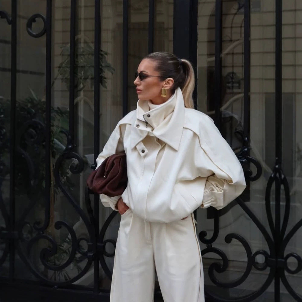 Women's Two-Piece Oversized Jacket and Pleated Pants Set with High Stand Collar Mune Fashion