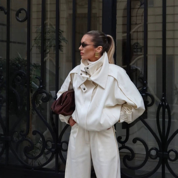 Women's Two-Piece Oversized Jacket and Pleated Pants Set with High Stand Collar Mune Fashion