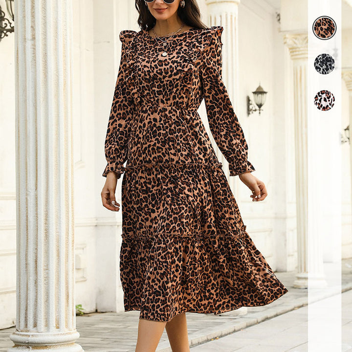 Women's midi tiered dress with leopard print, ruffle details and tailored silhouette Mune Fashion