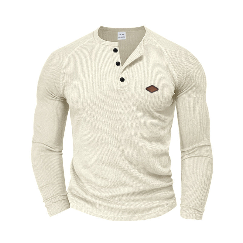 Men's structured waffle Henley shirt with short button placket, raglan sleeves, and leather patch Mune Fashion