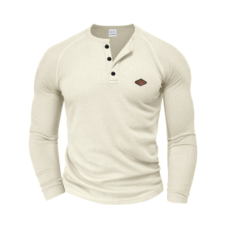 Men's structured waffle Henley shirt with short button placket, raglan sleeves, and leather patch Mune Fashion