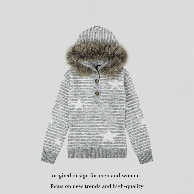 Women's hooded sweater made of fine knit with faux fur trim, star stripe pattern and button placket Mune Fashion