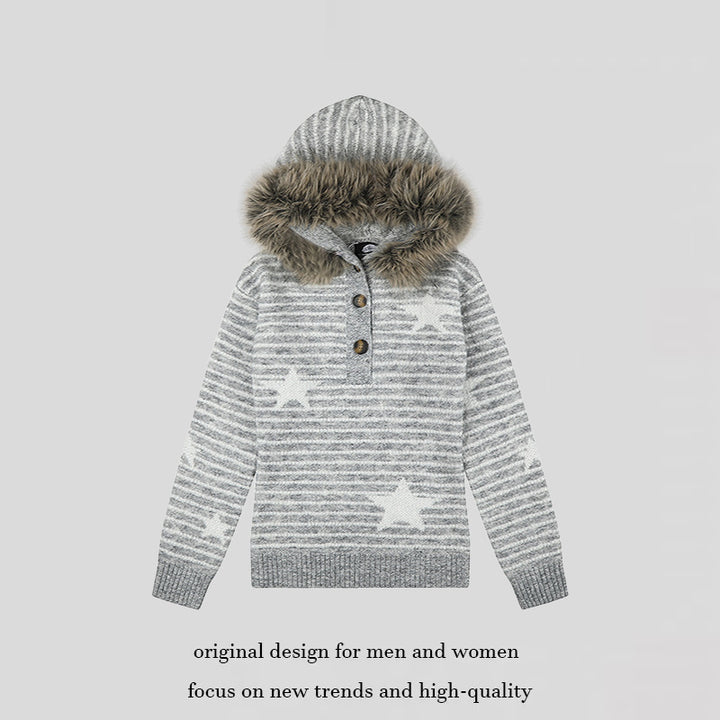Women's hooded sweater made of fine knit with faux fur trim, star stripe pattern and button placket Mune Fashion