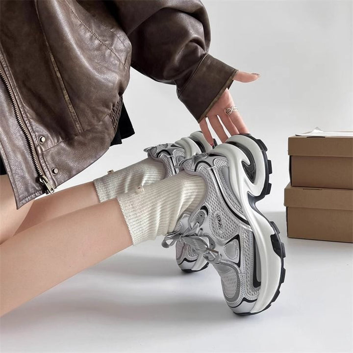 Ladies Sculptural Platform Sneakers with Multi-Layer Mesh and PU Mix Mune Fashion
