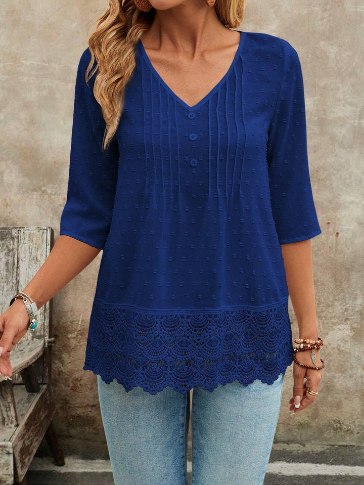 Women Tunic Blouse with Lace Trim and Structured Pintucks Mune Fashion