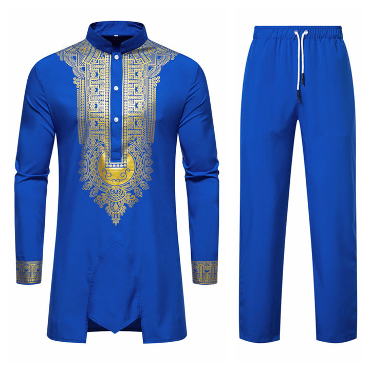 Men's Traditional Tunic Set with Stand-Up Collar and Gold Ornament Print, Long Shirt & Drawstring Pants Mune Fashion
