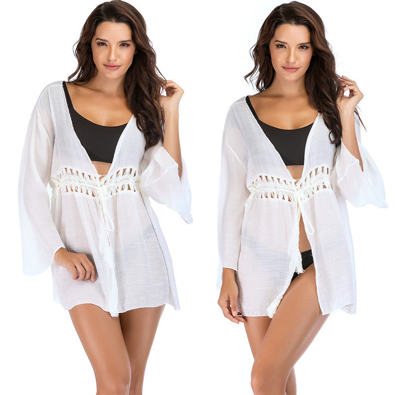 Women's crochet beach cover-up with fringe and wide sleeves Mune Fashion