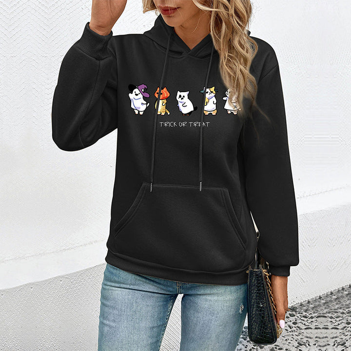 Women's hoodie with cartoon cat motif, kangaroo pocket and soft lining Mune Fashion