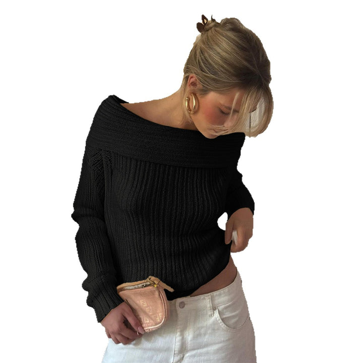 Ladies off-shoulder ribbed sweater with narrow silhouette and rolled neckline Mune Fashion