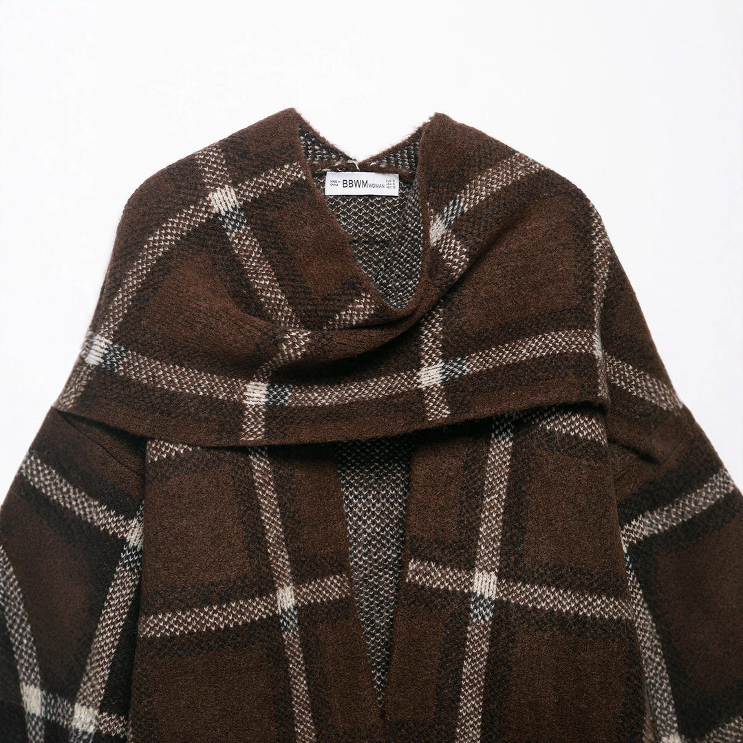 Women Oversized Cape Cardigan with Hood, Patch Pockets and Check Pattern Mune Fashion