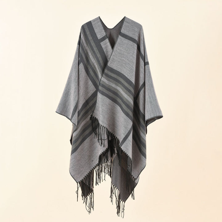 Women Kastiger Ruana Wrap with Fringes and Diagonal Stripe Jacquard Mune Fashion