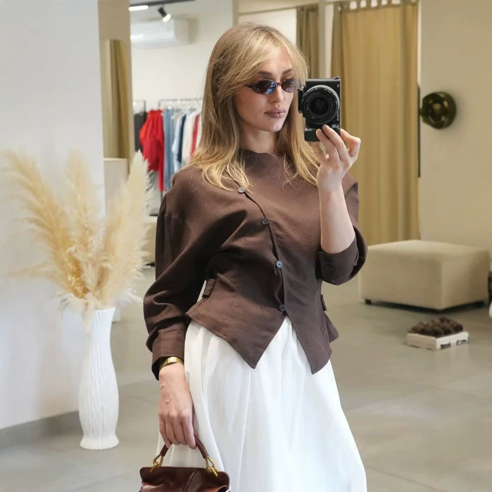 Women’s asymmetric tailored blouse with diagonal button placket Mune Fashion