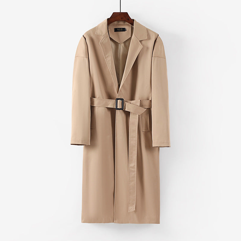 Women's Longline Trench Coat with Waist Belt and Dropped Lapel Mune Fashion