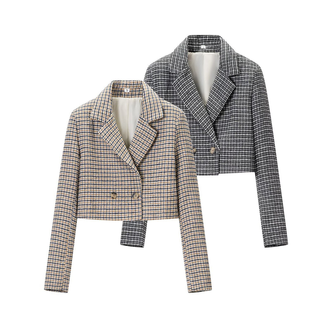Women Cropped Wool Blend Blazer with Houndstooth Pattern and Double-Breasted Button Placket Mune Fashion
