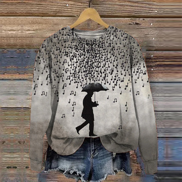 Women Long Sleeve Relaxed Sweatshirt with Music Rain Print and Silhouette Design Mune Fashion