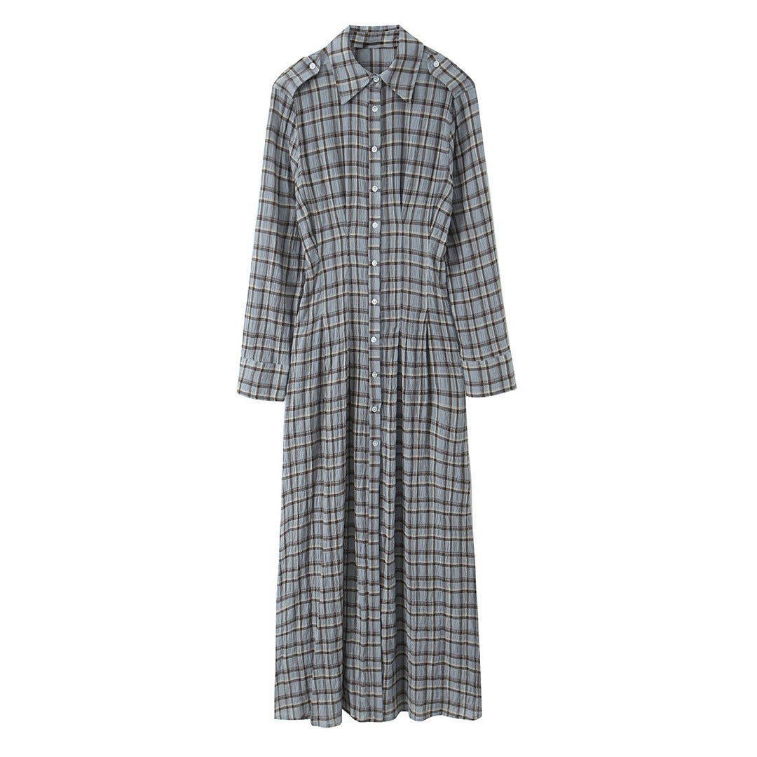 Ladies' maxi dress in shirt blouse style with continuous button placket and tailored pleated section Mune Fashion