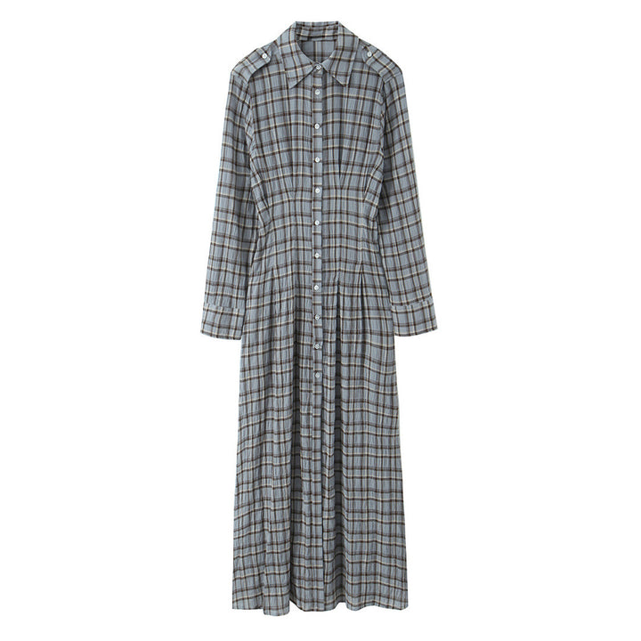 Ladies' maxi dress in shirt blouse style with continuous button placket and tailored pleated section Mune Fashion