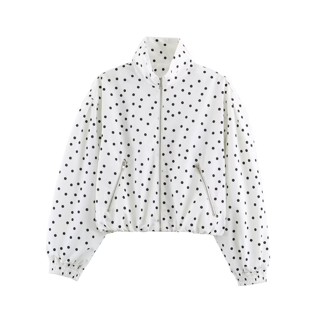 Women's Cropped Bomber Jacket with Stand Collar and Dot Pattern Mune Fashion