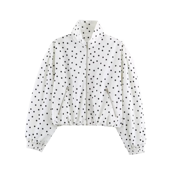 Women's Cropped Bomber Jacket with Stand Collar and Dot Pattern Mune Fashion