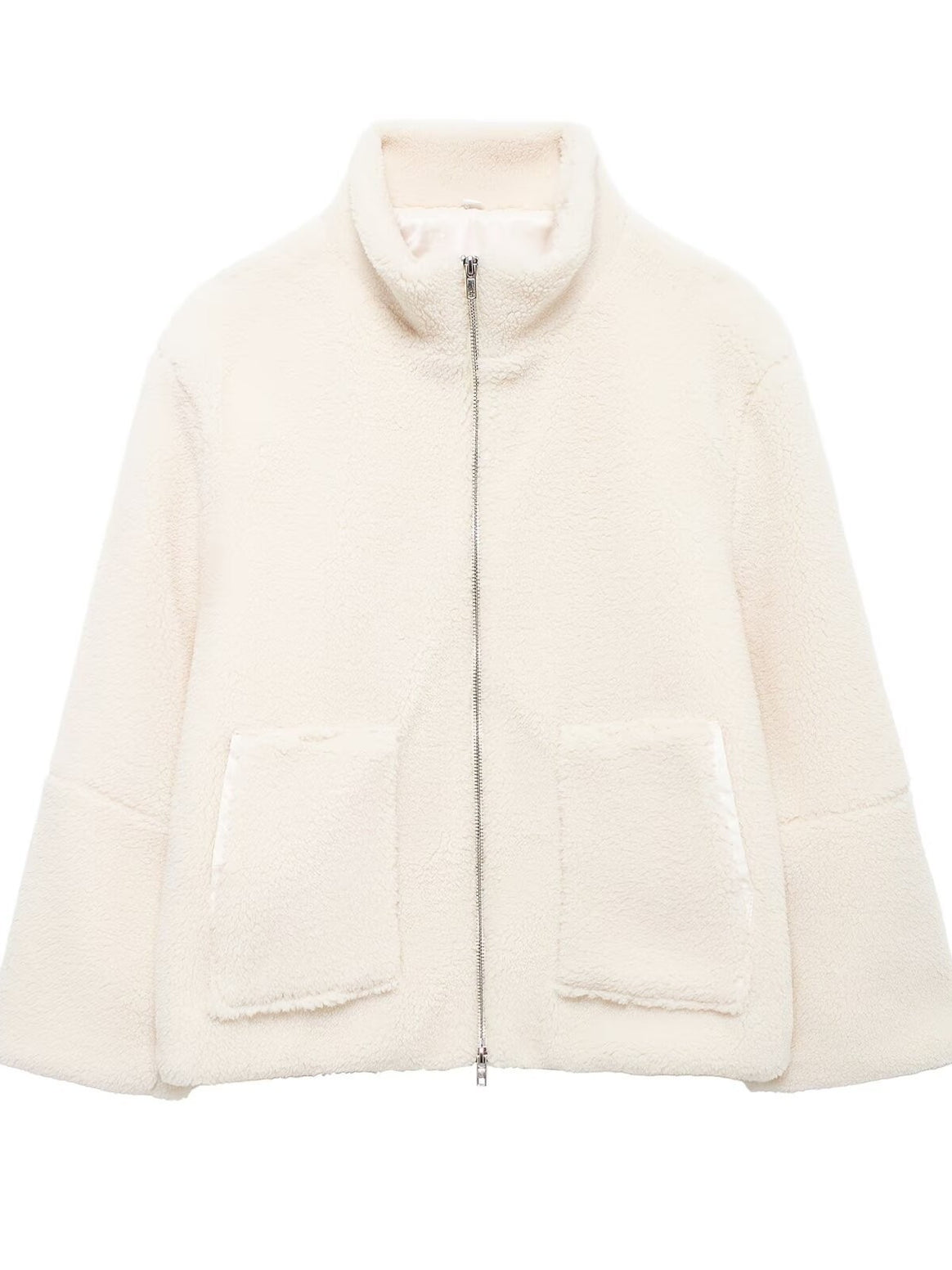 Women's Boxy Teddy Fleece Jacket with Stand-Up Collar, Two-Way Zipper and Patch Pockets Mune Fashion