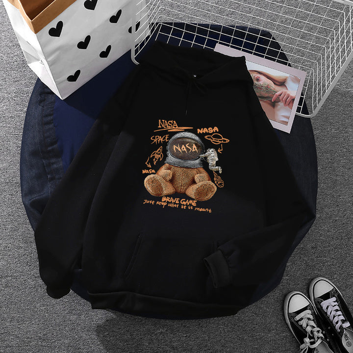 Women casual hoodie with astronaut teddy print, kangaroo pocket and soft fleece lining Mune Fashion