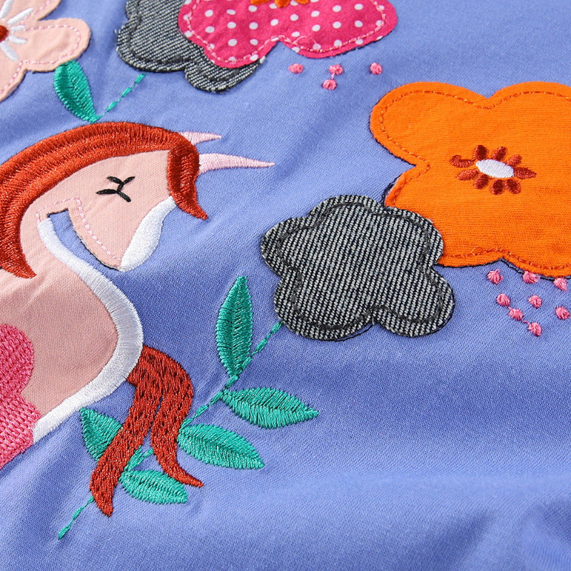 Girls cotton dress with hand-stitched unicorn appliqué Mune Fashion