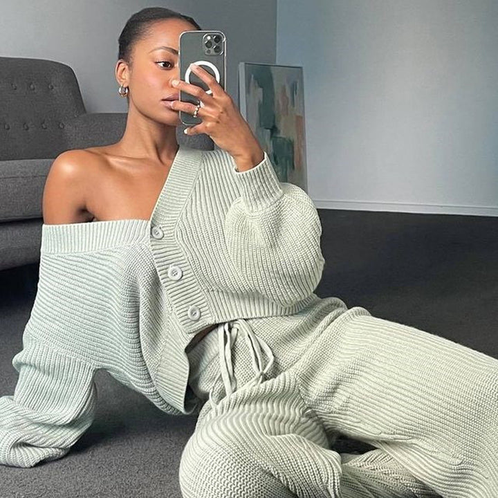 Women Ribbed Knit Loungewear Set with Buttoned Cropped Cardigan and High-Waist Drawstring Pants Mune Fashion