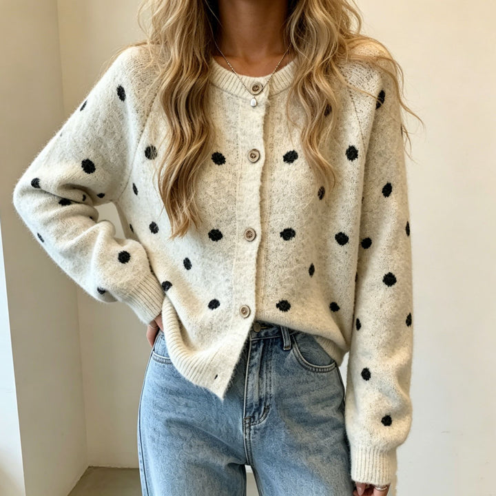 Women's Polka Dot Mohair-Style Button Cardigan with Round Neck Mune Fashion
