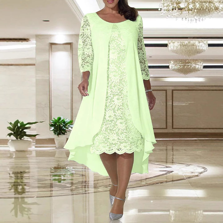 Ladies' elegant chiffon lace dress with high-low overlay and three-quarter sleeves Mune Fashion