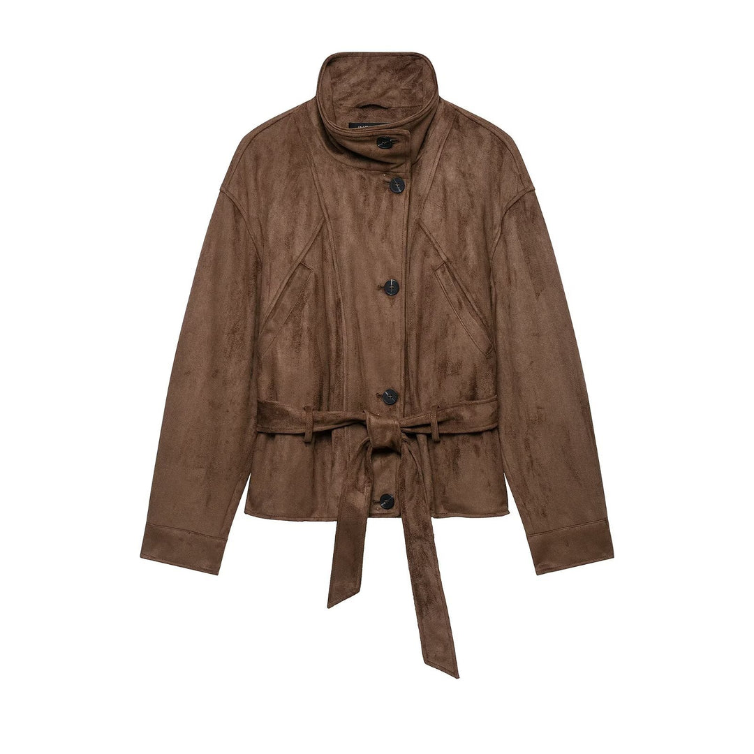 Women's short jacket in suede look with high stand-up collar, decorative dividing seams and tie belt Mune Fashion