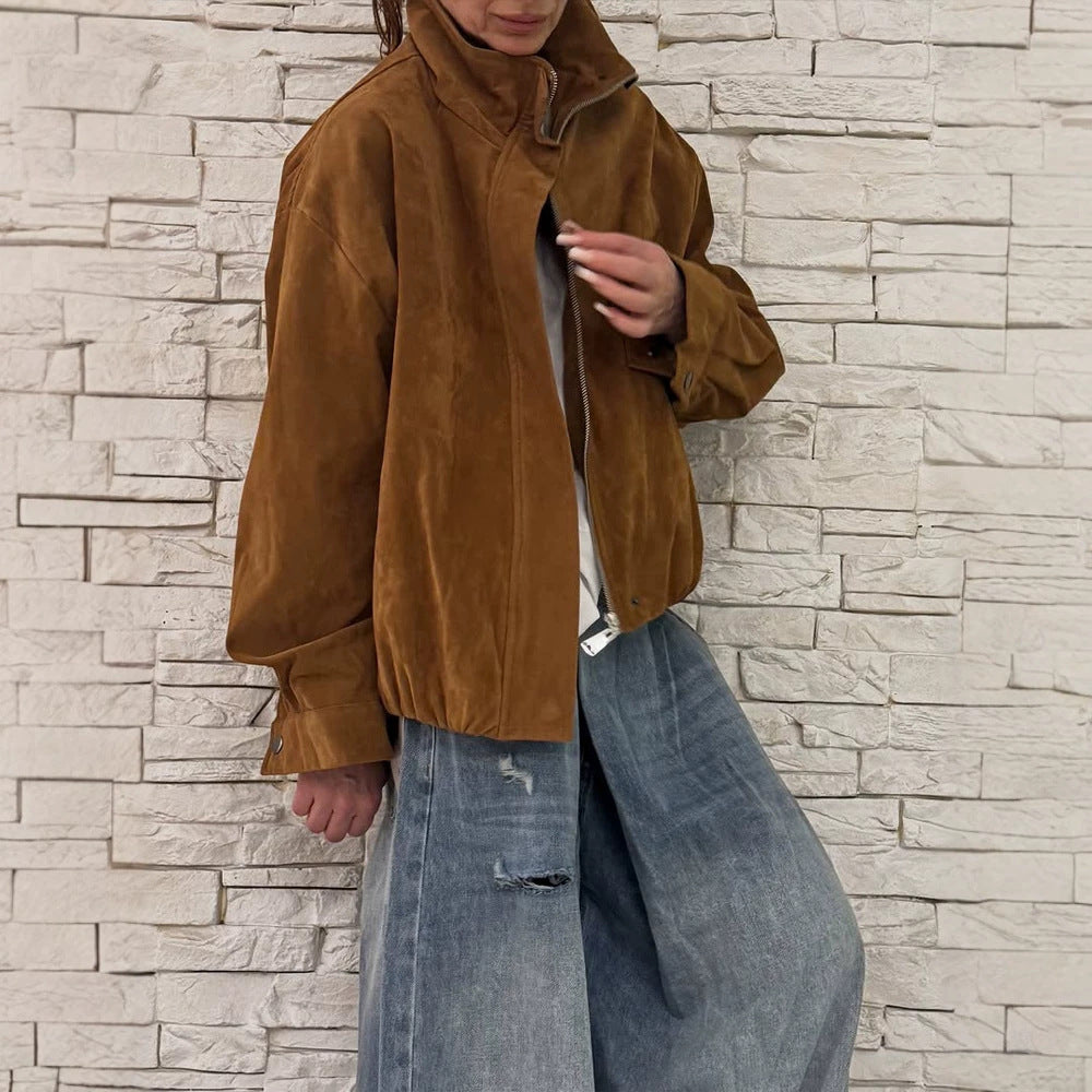 Women's Oversize Suede Blouson with High Standing Collar and Metal Zipper Mune Fashion