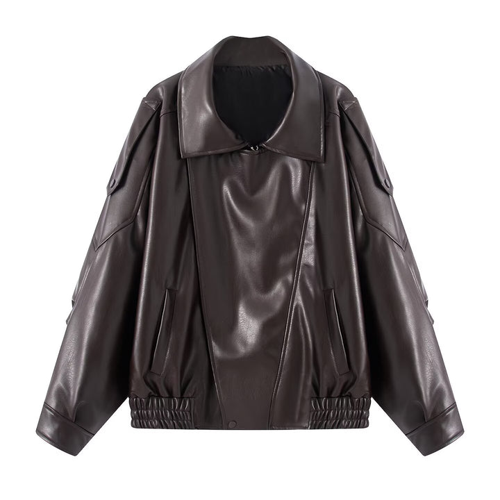 Women's Oversized Faux Leather Bomber Jacket with Utility Pockets, High Collar and Elastic Hem Mune Fashion